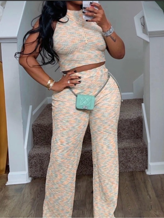 Pants - Women's Two-Piece Ribbed Knit Crop Top & Wide-Leg Pants Set - Peach Multi​